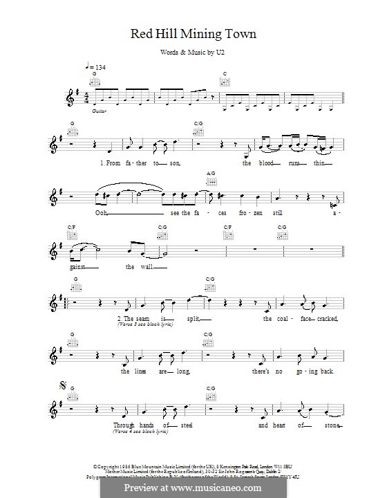 Red Hill Mining Town: Melody line, lyrics and chords by U2