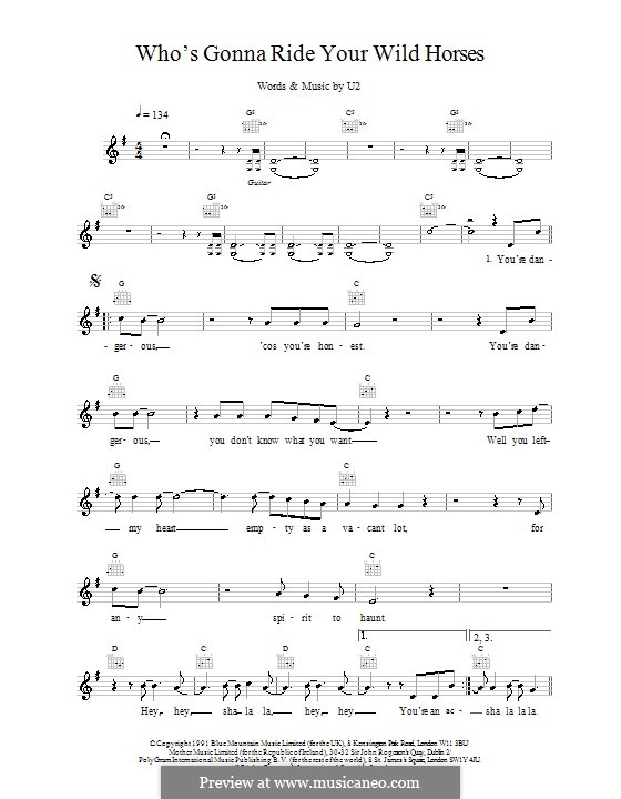 Who's Gonna Ride Your Wild Horses: Melody line, lyrics and chords by U2