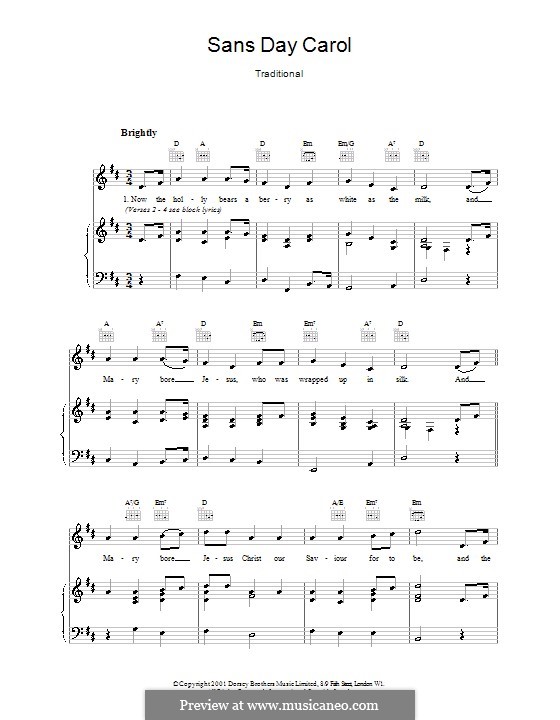 Sans Day Carol: For voice and piano (or guitar) by folklore