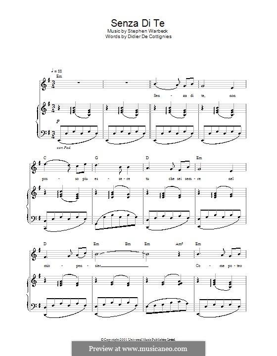 Senza di te (from Captain Corelli's Mandolin): For piano by Stephen Warbeck