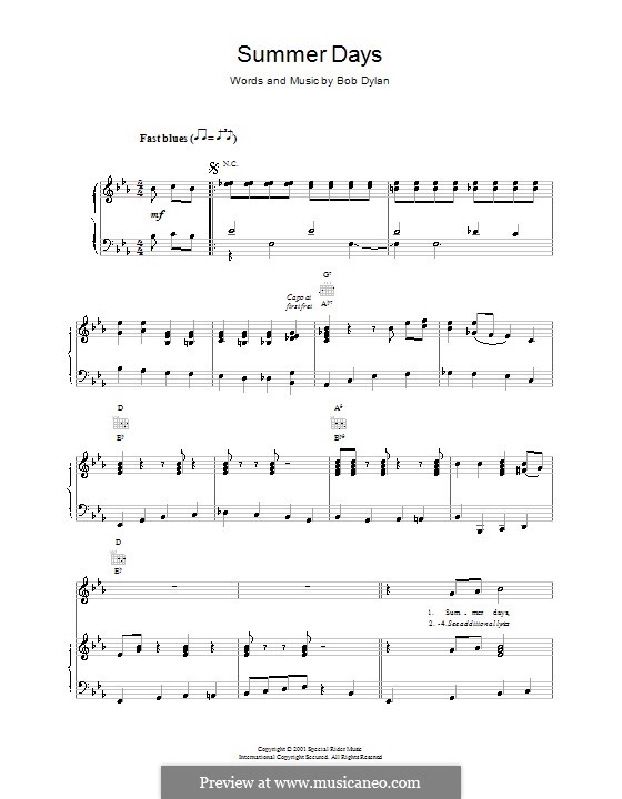 Summer Days: For voice and piano (or guitar) by Bob Dylan
