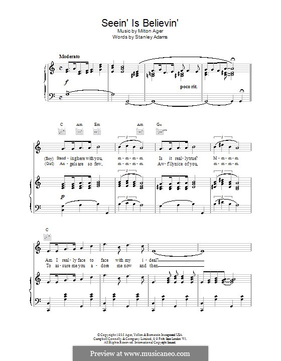 Seein' Is Believin' (Lew Stone): For voice and piano (or guitar) by Milton Ager, Stanley Adams