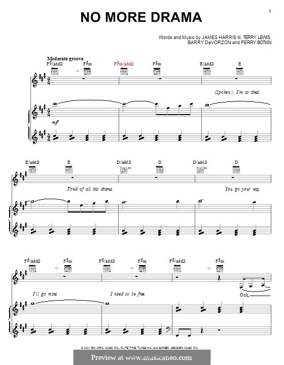 No More Drama: For voice and piano (or guitar) by Barry DeVorzon, James Harris, Perry Botkin Jr., Terry Lewis