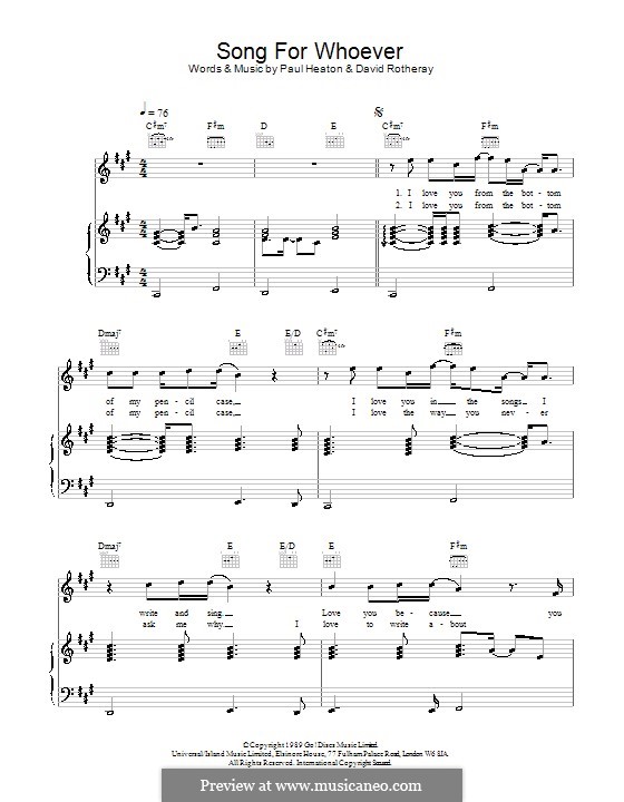 Song for Whoever (The Beautiful South): For voice and piano (or guitar) by David Rotheray, Paul Heaton