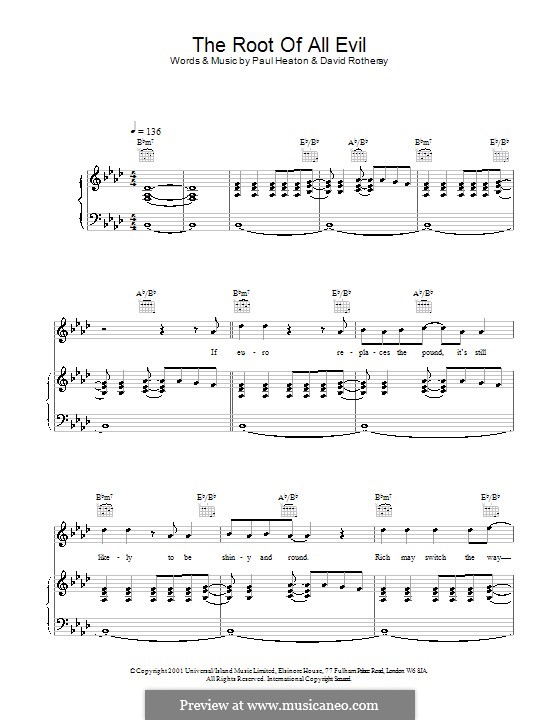 The Root of All Evil (The Beautiful South): For voice and piano (or guitar) by David Rotheray, Paul Heaton