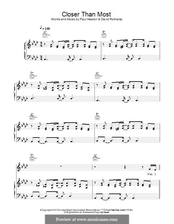 Closer Than Most (The Beautiful South): For voice and piano (or guitar) by David Rotheray, Paul Heaton