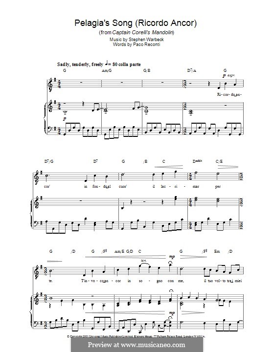 Pelagia's Song (from Captain Corelli's Mandolin): For voice and piano (or guitar) by Stephen Warbeck
