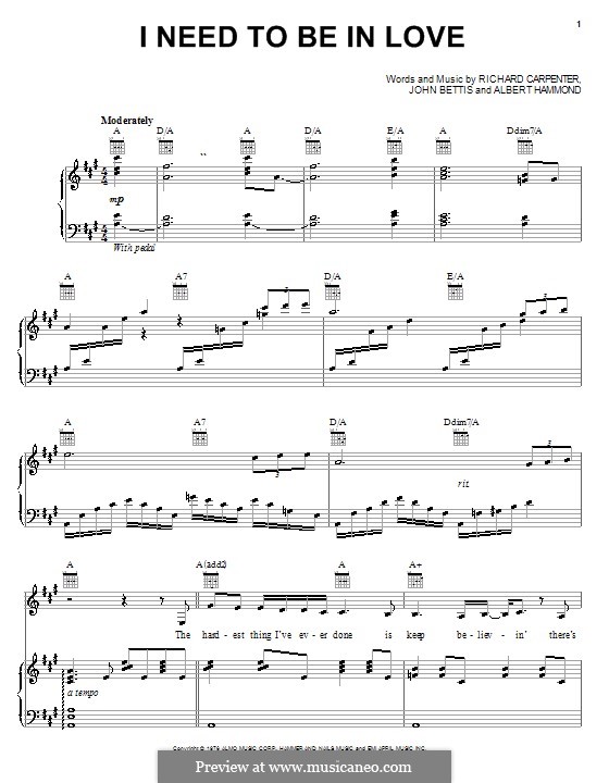 I Need To Be in Love (Carpenters): For voice and piano (or guitar) by Albert Hammond, John Bettis, Richard Carpenter