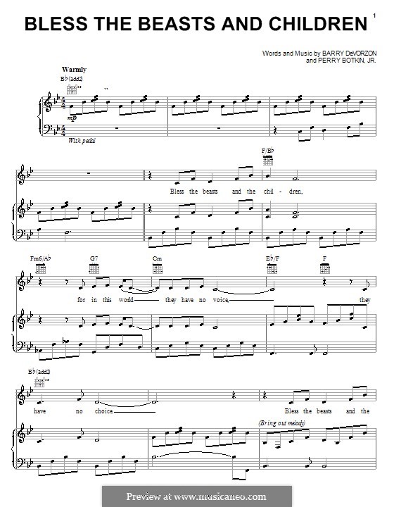 Bless the Beasts and Children (Carpenters): For voice and piano (or guitar) by Barry DeVorzon, Perry Botkin Jr.