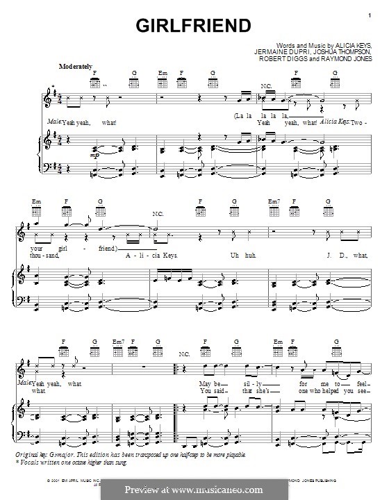 Girlfriend (Alicia Keys): For voice and piano (or guitar) by Jermaine Dupri, Joshua Thompson