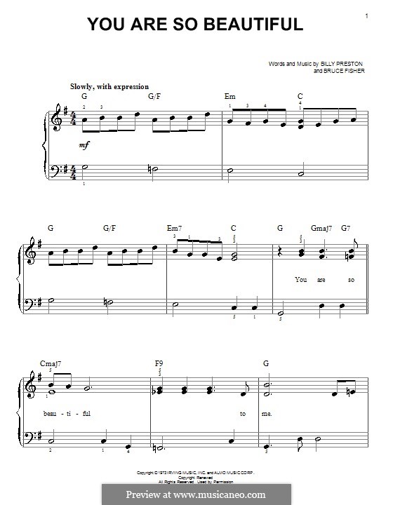 You Are So Beautiful (Joe Cocker): For easy piano by Billy Preston, Bruce Fisher
