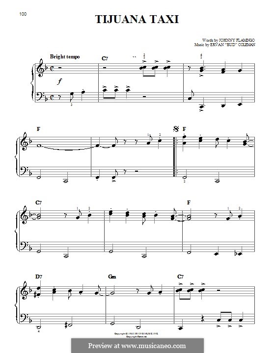 Tijuana Taxi (Herb Alpert & The Tijuana Brass Band): For easy piano by Ervan Coleman, Johnny Flamingo