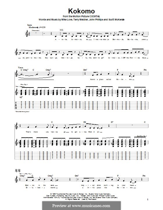 Kokomo (The Beach Boys): For guitar with tab by John Phillips, Mike Love, Scott McKenzie, Terry Melcher