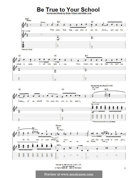 Be True to Your School (The Beach Boys): For guitar with tabulature by Brian Wilson, Mike Love