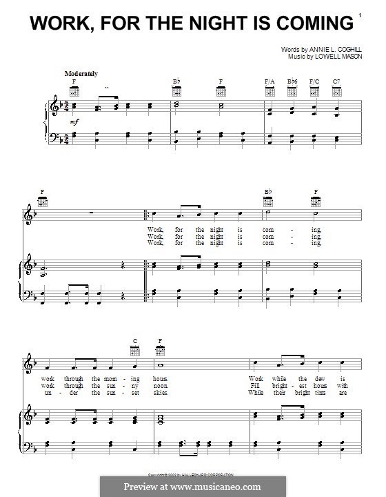 Work, for the Night is Coming: For voice and piano (or guitar) by Lowell Mason