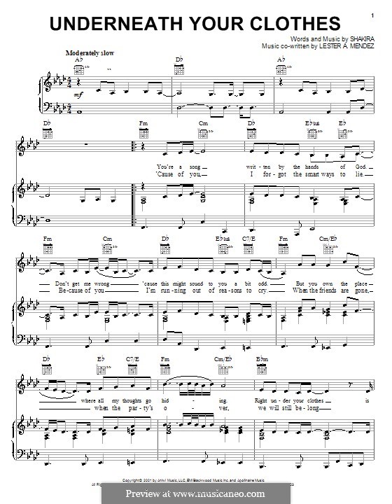 Underneath Your Clothes By Shakira L A Mendez Sheet Music On Musicaneo