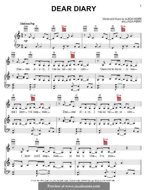 Dear Diary (Pink): For voice and piano (or guitar) by Alecia Moore, Linda Perry