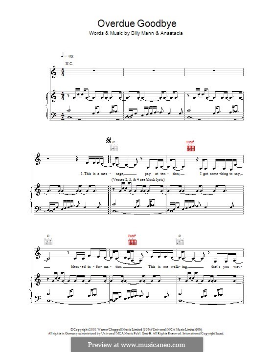 Overdue Goodbye (Anastacia): For voice and piano (or guitar) by Billy Mann