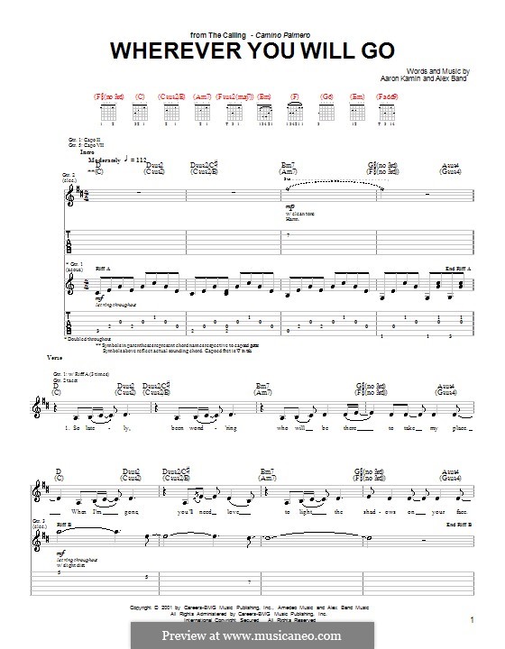 Wherever You Will Go (The Calling): For guitar with tab by Aaron Kamin, Alex Band