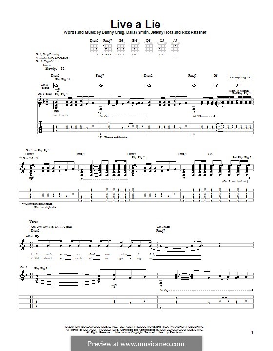 Live a Lie (Default): For guitar with tab by Dallas Smith, Danny Craig, Jeremy Hora