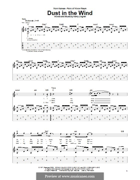 Dust in the Wind (Kansas): For guitar with tab by Kerry Livgren