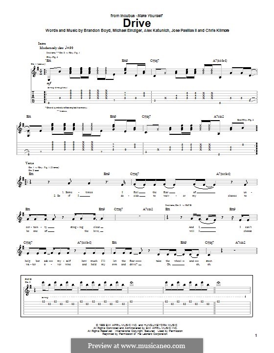 Drive (Incubus): For guitar with tabulature by Alex Katunich, Brandon Boyd, Chris Kilmore, Jose Pasillas II, Michael Einziger