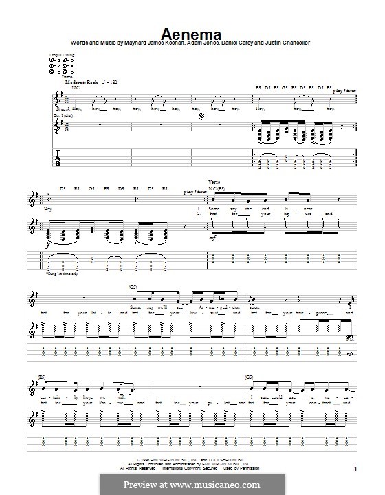 Aenema (Tool): For guitar with tab by Adam Jones, Daniel Carel, Justin Chancellor