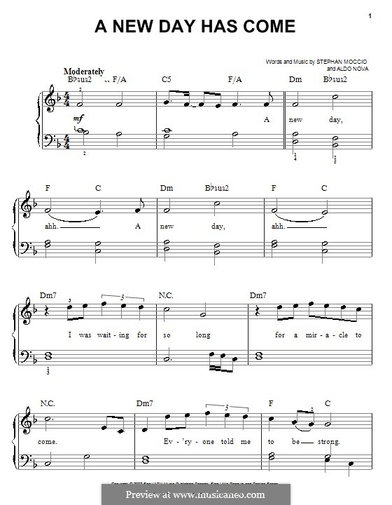 A New Day Has Come (Celine Dion): For easy piano by Aldo Nova, Stephan Moccio