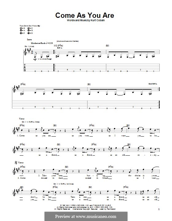 Come as You Are (Nirvana): For guitar with tab by Kurt Cobain