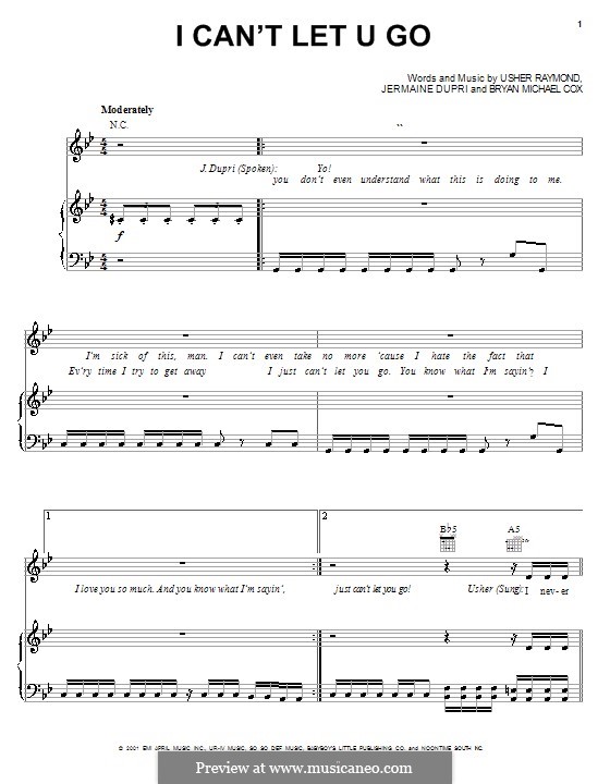 I Can't Let U Go (Usher): For voice and piano (or guitar) by Bryan Michael Cox, Jermaine Dupri