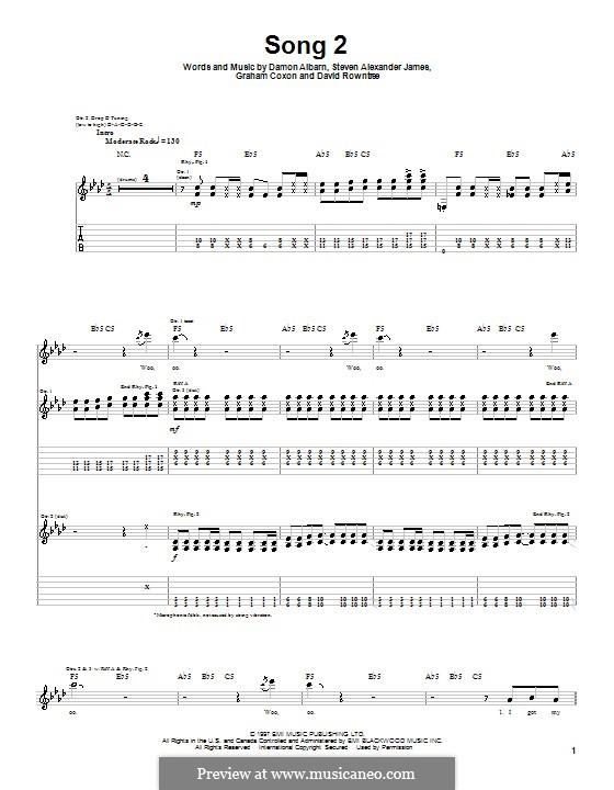 Song 2 (Blur): For guitar with tab by Alex James, Damon Albarn, David Rowntree, Graham Coxon