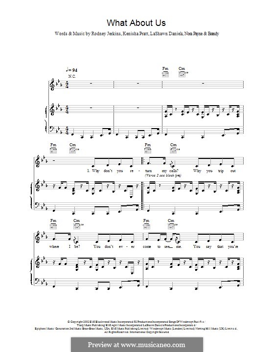 What About Us? (Brandy): For voice and piano (or guitar) by Fred Jerkins III, Kenisha Pratt, LaShawn Daniels, Nora Payne, Rodney Jerkins