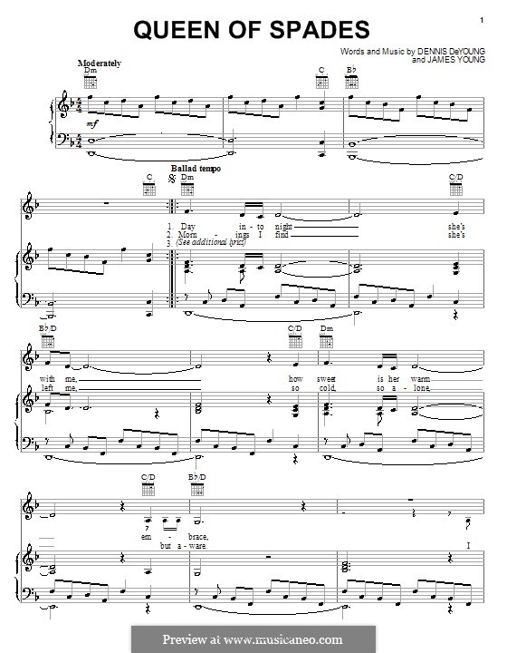Queen of Spades (Styx): For voice and piano (or guitar) by Dennis DeYoung, James Young