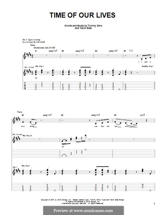 Time of Our Lives (Teron Beal): For guitar with tab by Tommy Sims