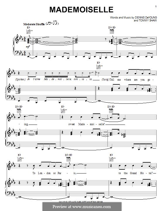 Mademoiselle (Styx): For voice and piano (or guitar) by Dennis DeYoung, Tommy Shaw