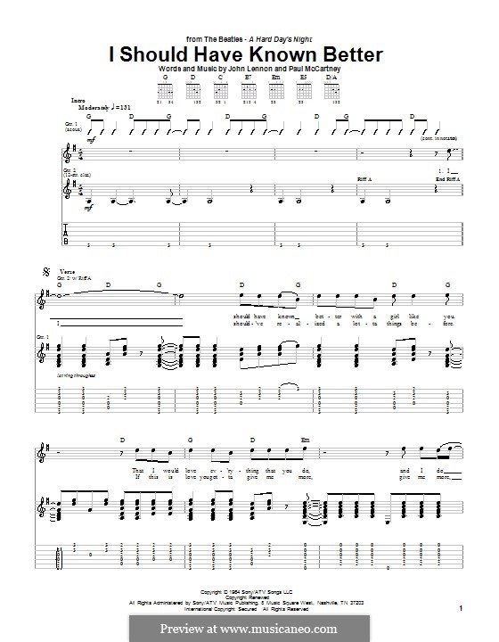 I Should Have Known Better (The Beatles): For guitar with tab by John Lennon, Paul McCartney