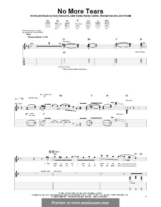 No More Tears (Ozzy Osbourne): For guitar with tab by John Purdell, Michael Inez, Randy Castillo, Zakk Wylde