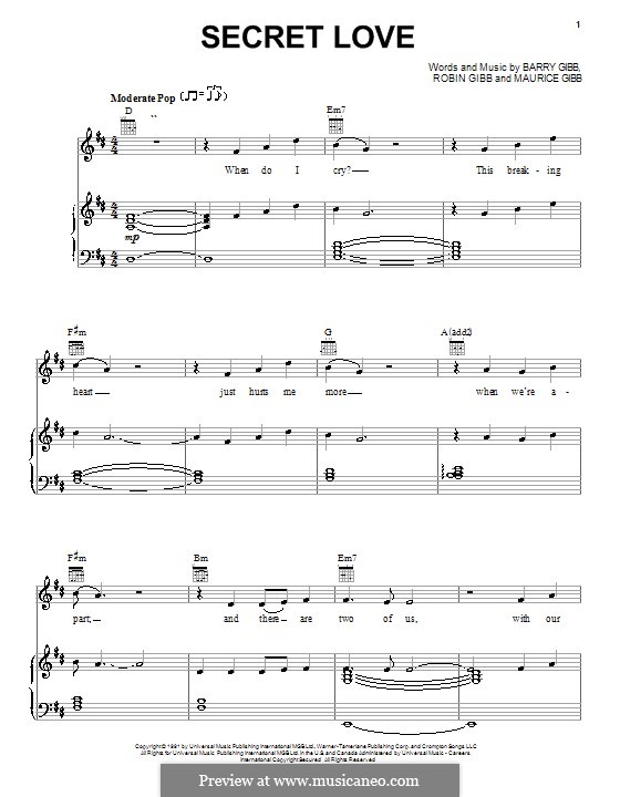 Secret Love (The Bee Gees): For voice and piano (or guitar) by Barry Gibb, Maurice Gibb, Robin Gibb
