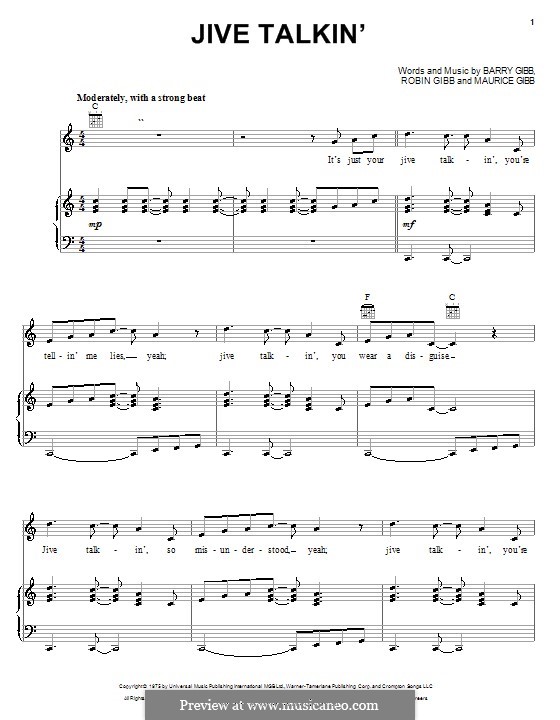 Jive Talkin' (The Bee Gees): For voice and piano (or guitar) by Barry Gibb, Maurice Gibb, Robin Gibb