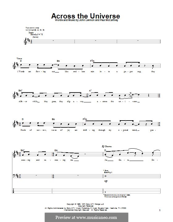 Across the Universe (The Beatles): For bass guitar with tabulature by John Lennon, Paul McCartney