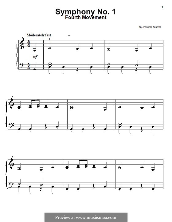 Movement IV: Theme. Version for easy piano by Johannes Brahms