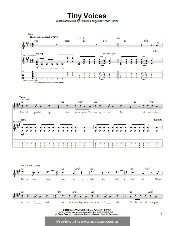 Tiny Voices (Box Car Racer): For guitar with tab by Tom DeLonge, Travis Barker