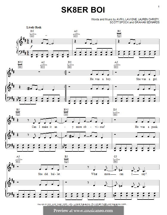Sk8er Boi (Avril Lavigne): For voice and piano (or guitar) by Graham Edwards, Lauren Christy, Scott Spock