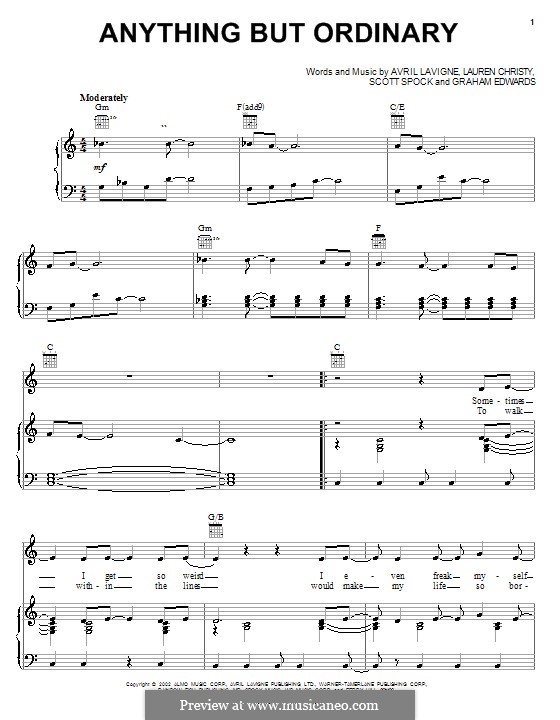 Anything But Ordinary: For voice and piano (or guitar) by Avril Lavigne, Graham Edwards, Lauren Christy, Scott Spock