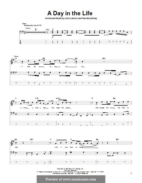A Day in the Life (The Beatles): For bass guitar with tab by John Lennon, Paul McCartney