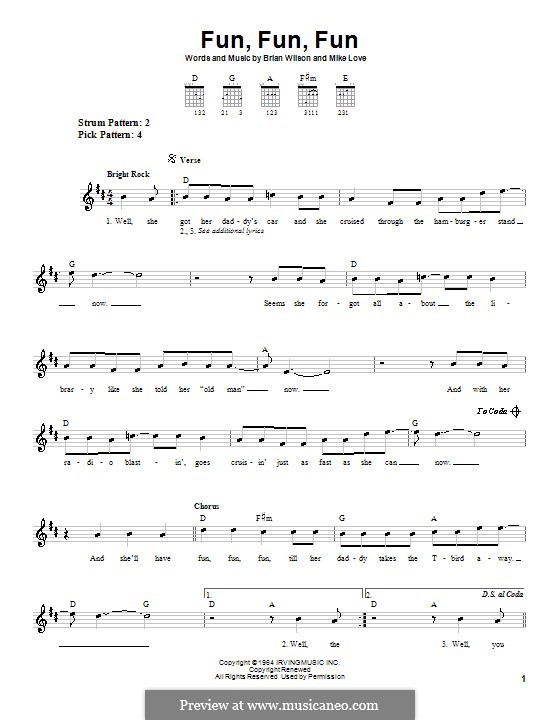 Fun, Fun, Fun (The Beach Boys): For guitar (very easy version) by Brian Wilson, Mike Love