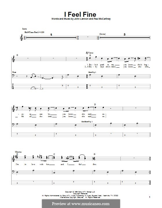 I Feel Fine (The Beatles): For bass guitar with tab by John Lennon, Paul McCartney