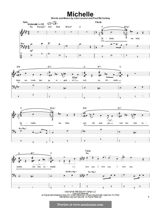 Michelle (The Beatles), for One Instrument: For bass guitar with tabulature by John Lennon, Paul McCartney