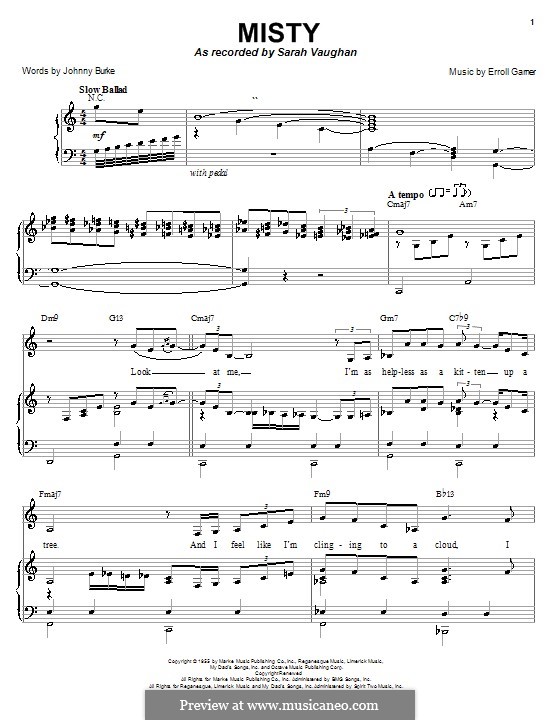 Misty (Johnny Mathis): For voice and piano (or guitar) by Erroll Garner