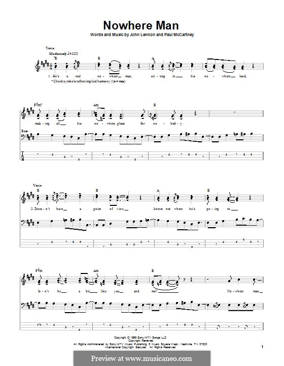 Nowhere Man (The Beatles): For bass guitar with tabulature by John Lennon, Paul McCartney